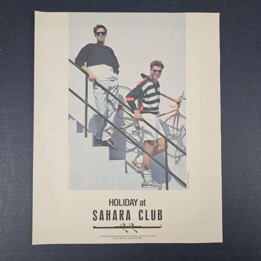 1987 Holiday Sahara Club Vintage Print Ad Carrying Bicycle Bike Down Stairs Shop
